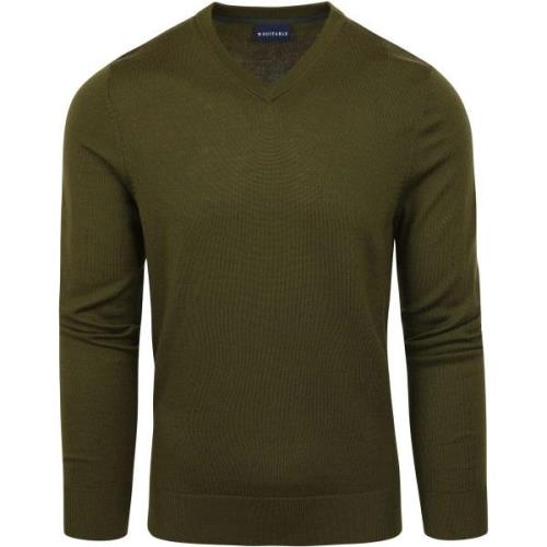 Sweater Suitable Merino Pullover V-Hals Olijfgroen