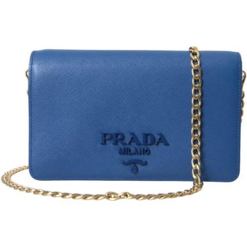 Schoudertas Prada Saffiano Leren Portemonnee aan Ketting Blauw