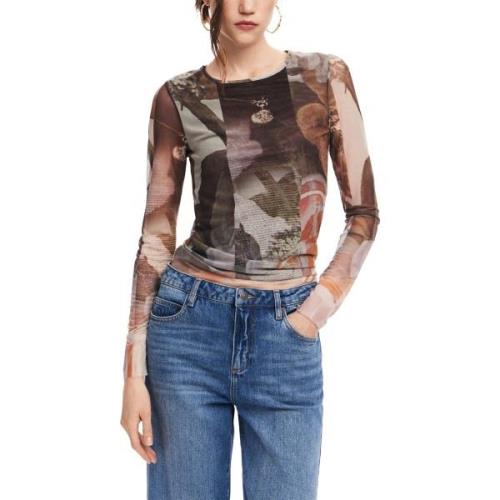 Overhemd Desigual Bruin bedrukt T-shirt met lange mouwen en ronde hals