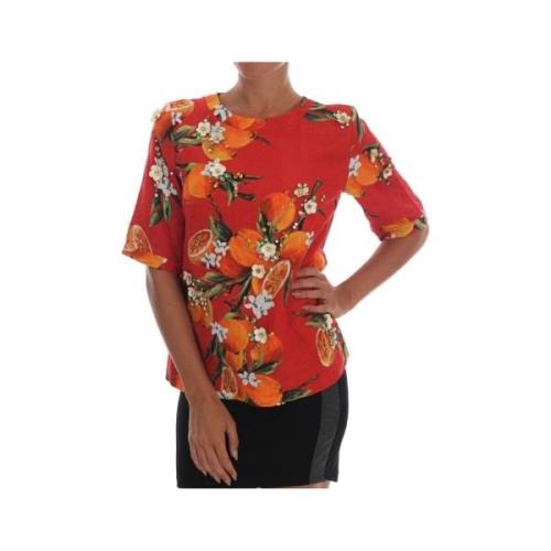 Overhemd D&amp;G Blouse met oranje print met kristallen en bloemen