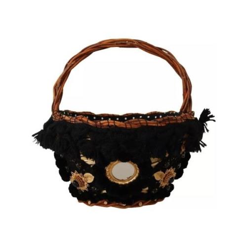 Boodschappentas D&amp;G Stro mand Tote Bag met Pom Pom en kristallen v...