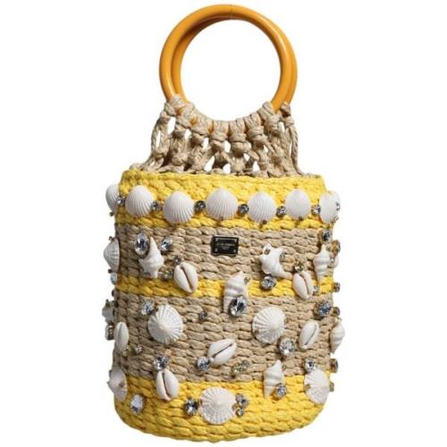 Handtas D&amp;G Verfraaide Raffia Bucket Bag met schelpen en kristalle...