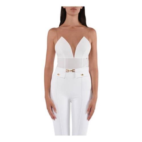 Jersey Body met Diepe Halslijn en Tule Detail Elisabetta Franchi , Whi...