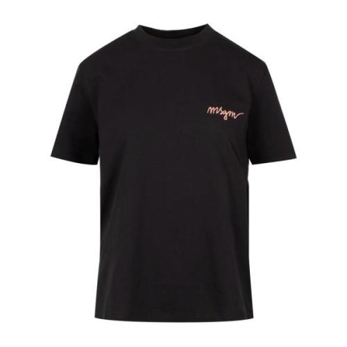 Zwarte katoenen T-shirts en Polos met geborduurd logo Msgm , Black , D...