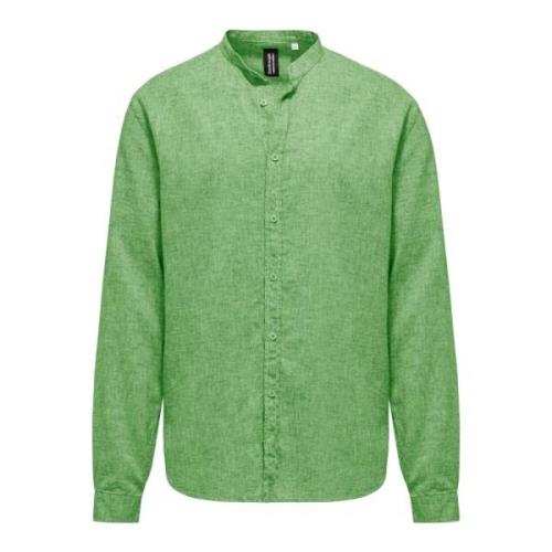 Linnen/Katoenen Mandarin Kraag Shirt BomBoogie , Green , Heren