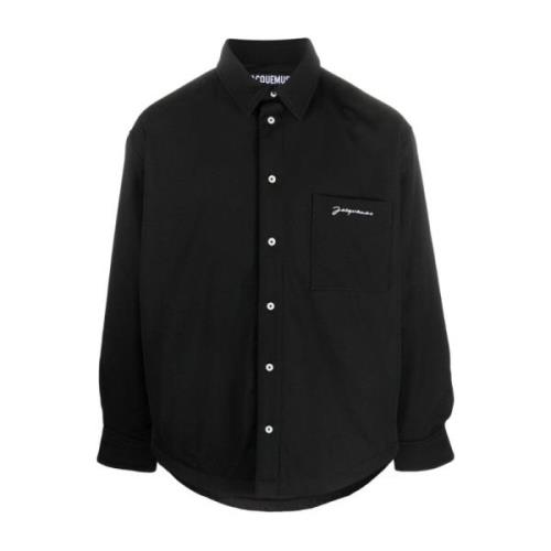 Zwarte wollen overhemdjasje met geborduurd logo Jacquemus , Black , He...