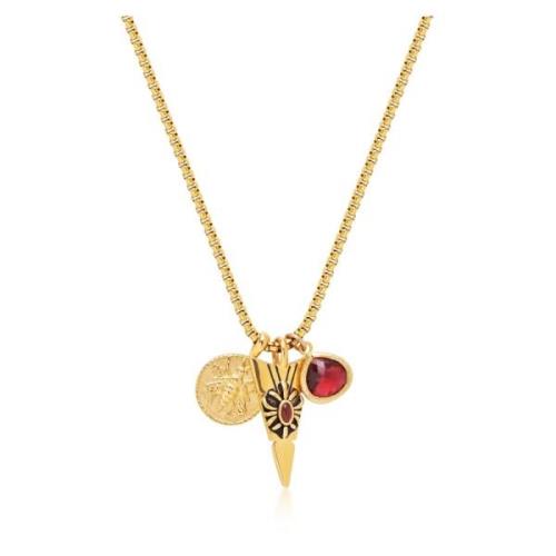 Men`s Golden Talisman Necklace with Arrowhead, Red Ruby CZ Drop and Be...