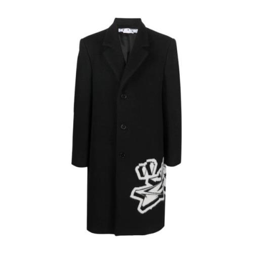 Black Wol Blend Coat Off White , Black , Heren