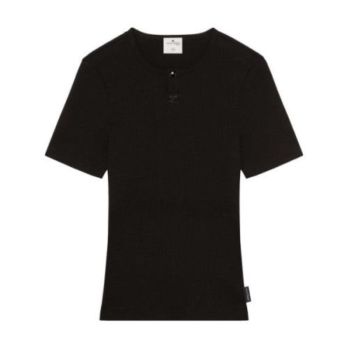 Zwart Logo-Geborduurd Geribbeld T-Shirt Courrèges , Black , Heren