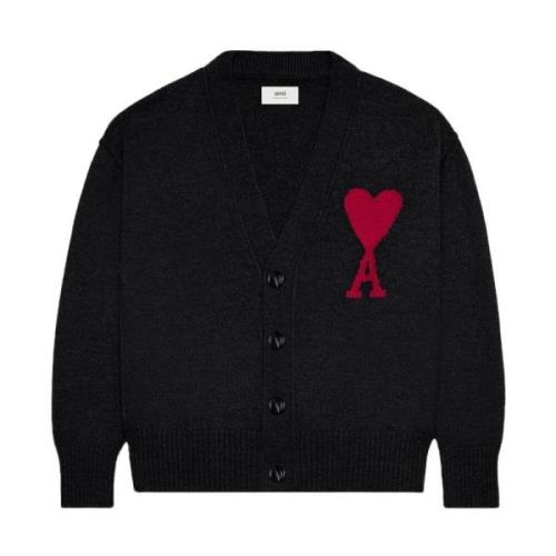Zwarte Sweaters met Rode ADC Cardigan Ami Paris , Black , Heren