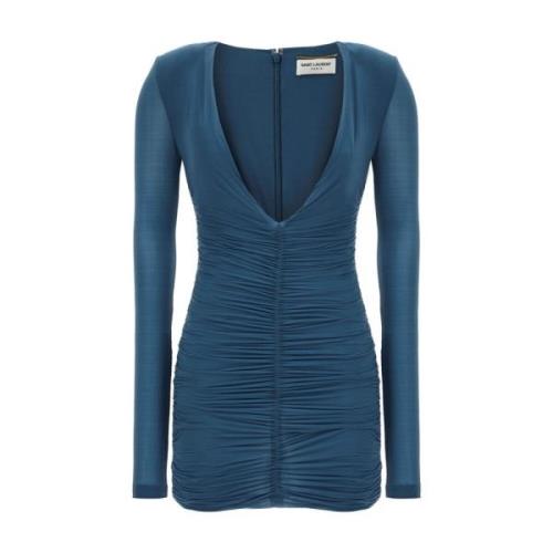 Cupro Jersey V-Hals Jurk Saint Laurent , Blue , Dames