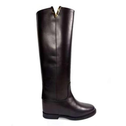 Leren Hoge Laarzen met Gouden V-Detail Via Roma 15 , Black , Dames