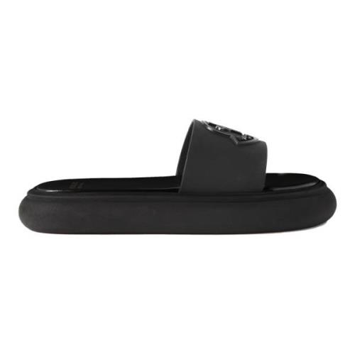 Rubberen Leren Sliders Moncler , Black , Dames