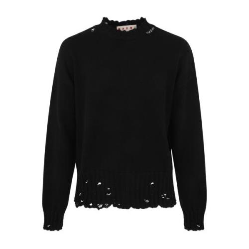 Boxy Fit Crew Neck Sweater met Handgemaakt Logo Borduursel Marni , Bla...