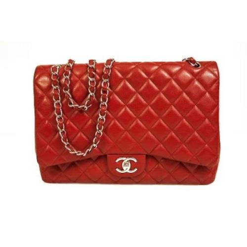 Tweedehands Rode Caviar Leren Classic Double Flap Maxi Tas Chanel Vint...