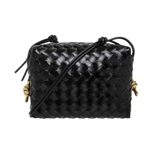 Zwarte leren schoudertas met Intercciato Weave Bottega Veneta , Black ...