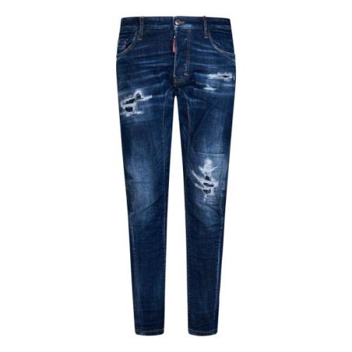 Slim-Fit Blauwe Jeans met Versleten Details Dsquared2 , Blue , Heren