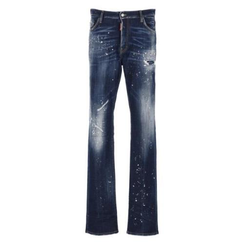 Marineblauwe Katoenen Straight Jeans met Contrasterende Kleurdetails D...