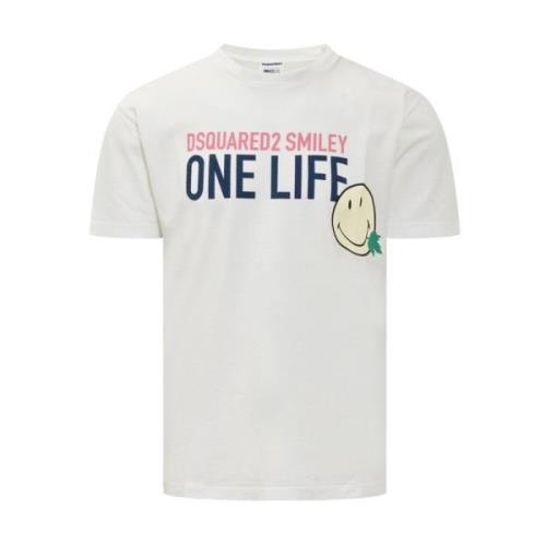 Smiley Print Wit T-Shirt Dsquared2 , White , Heren