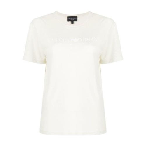 Logo-Print Linnen-Blend T-Shirt Emporio Armani , White , Dames