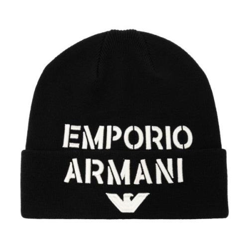 Beanie met logo Emporio Armani , Black , Heren