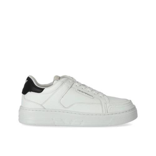 Witte Leren Sneaker met Zwarte Logo Hak Emporio Armani , White , Dames