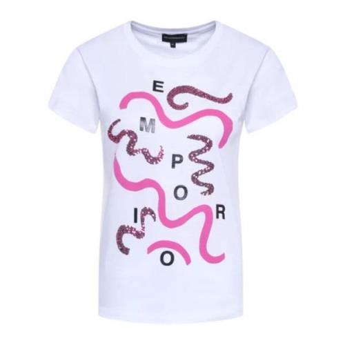 Witte T-shirt met Korte Mouwen, Fuchsia Print en Pailletten Emporio Ar...