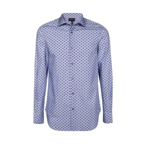 Regular Fit Blauw Overhemd met All Over Micro Adelaar Borduurwerk Empo...