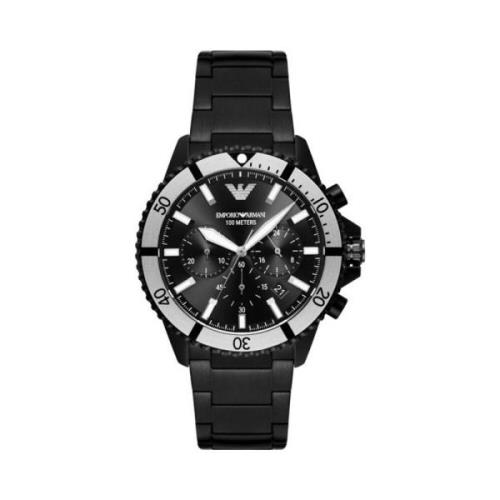 Zwarte Stalen Chronograaf Horloge Emporio Armani , Black , Heren