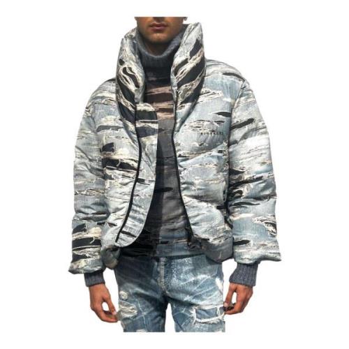 Korte iconische denim patroon runway puffer jas John Richmond , Blue ,...