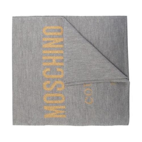 Grijze Omkeerbare Sjaal met Goud Geborduurd Logo Moschino , Gray , Dam...