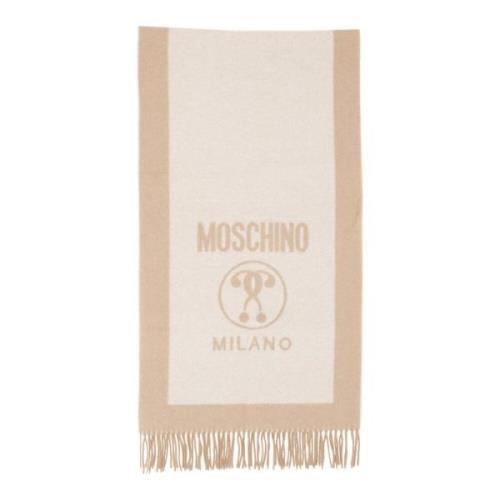 Effen Wollen Sjaal met Franjes en Logo Moschino , Beige , Dames