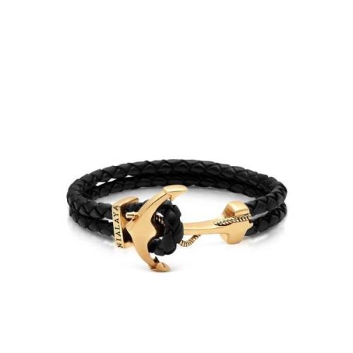 Men's Black Leather Bracelet with Gold Anchor Nialaya , Black , Heren