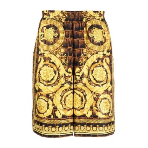 Barocco Print Zijden Shorts Versace , Yellow , Heren