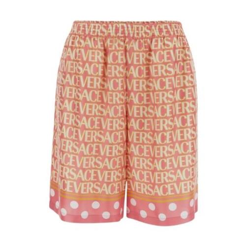 Zijden Shorts met Logo Patroon Versace , Pink , Heren