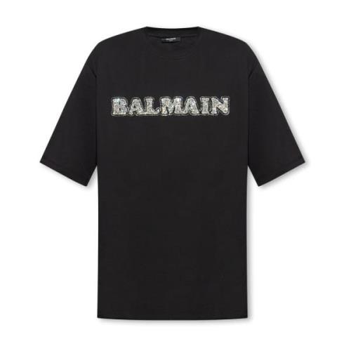 T-shirt met kristallen applicatie Balmain , Black , Heren