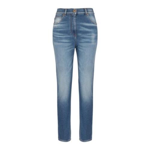 Slim-fit denim jeans met gouden details Balmain , Blue , Dames