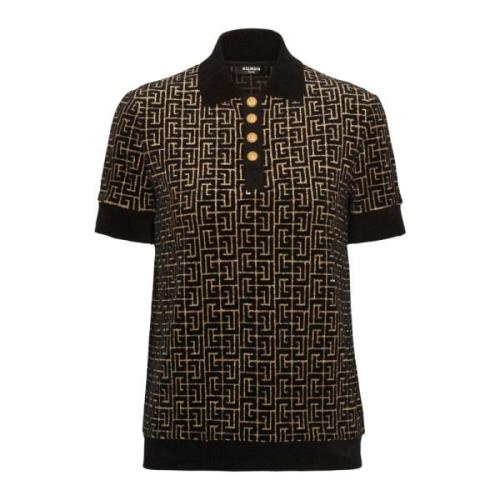 Monogrammed velvet jacquard polo shirt Balmain , Black , Dames
