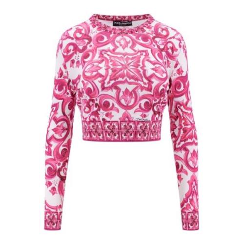 Zijden Maiolica Print Crop Top Dolce & Gabbana , Pink , Dames