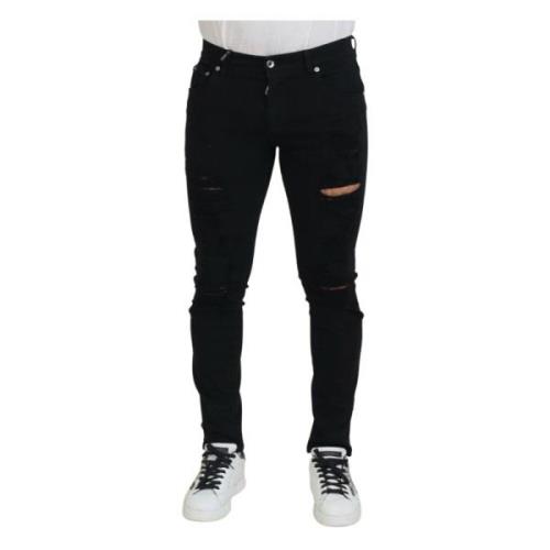 Zwarte Slim Fit Gescheurde Denim Katoenen Jeans Dolce & Gabbana , Blac...