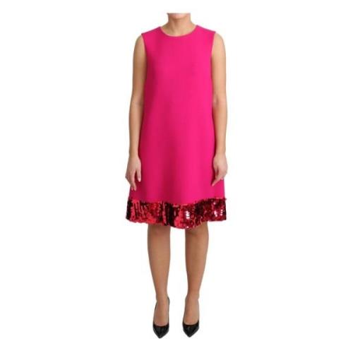 Fuchsia Wol Paillet Shift Mouwloze Jurk Dolce & Gabbana , Pink , Dames