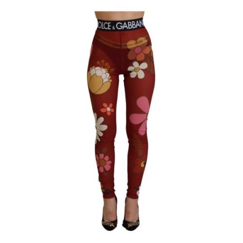 Rode Bloemenprint Hoge Taille Leggings Dolce & Gabbana , Red , Dames
