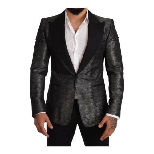 Grijs Metallic Zwart Slim Tuxedo Blazer Dolce & Gabbana , Gray , Heren