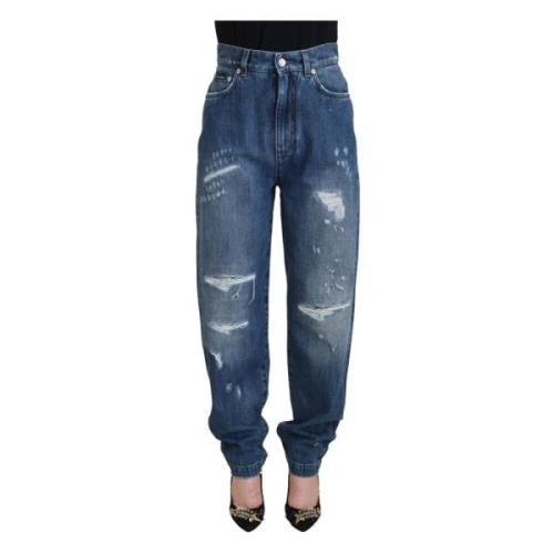 Blauwe Gewassen Katoenen Tattered Denim Jeans Dolce & Gabbana , Blue ,...