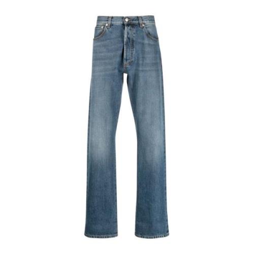 Stonewashed Denim Jeans met omslag Alexander McQueen , Blue , Heren