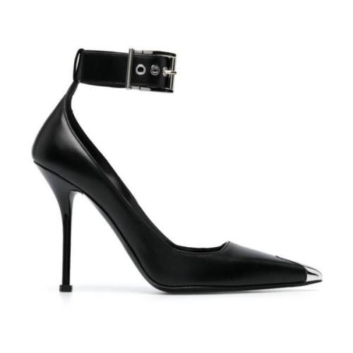 Zwarte Leren Stiletto Pumps met Metalen Neuskap Alexander McQueen , Bl...