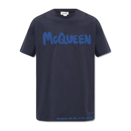 Bedrukt T-shirt met logodetail Alexander McQueen , Blue , Heren
