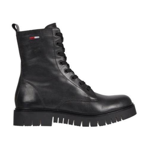 Zwarte Leren Veterschoenen Tommy Jeans , Black , Dames