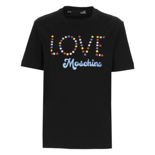 Zwarte katoenen T-shirt met multicolor logo Love Moschino , Black , Da...