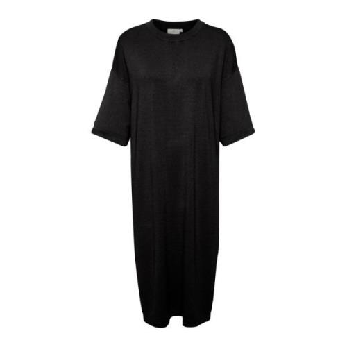 Zwart Diep Gebreide Midi Jurk Kaffe , Black , Dames